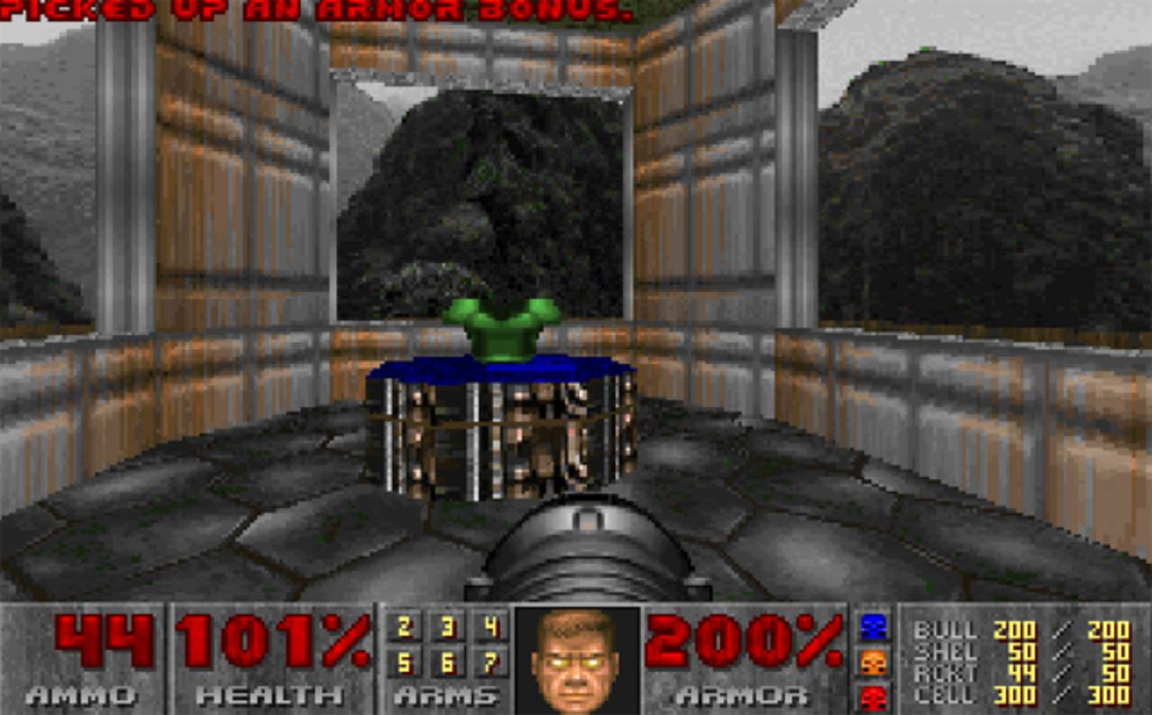 Classic Doom gameplay with Doomguy in god mode and 200 percent armor
